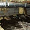 Fiberglass insulation dripping off a floor joist in a soaked crawl space with a think black liner in Quincy.