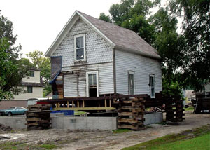 A severely damaged home foundation that is undergoing replacement in Elliott.
